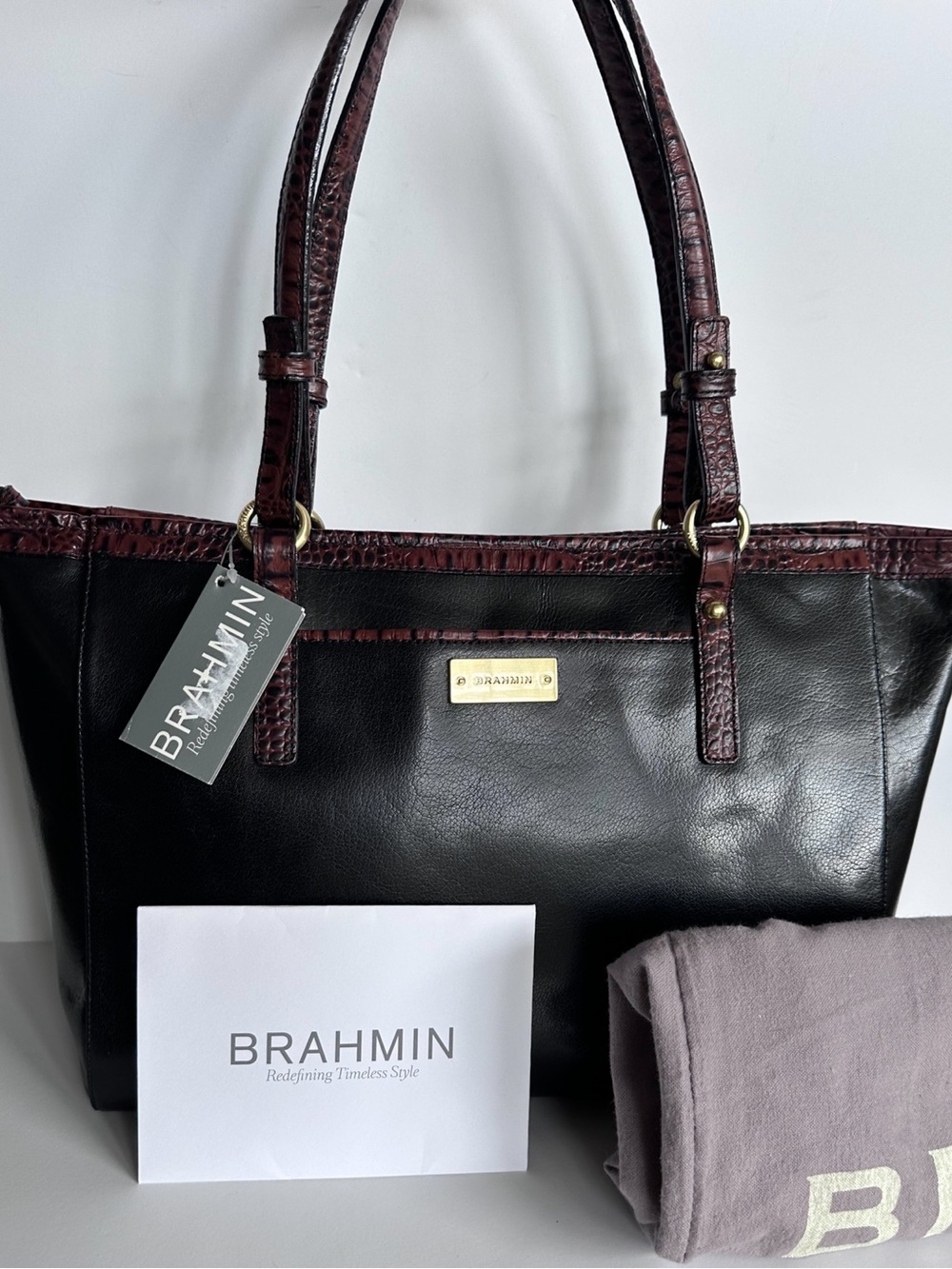 Brahmin Medium Arno Tote - Tuscan Black Leather with Brown Croc Trim | NWT